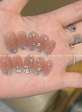 梅子醉 冰透腮红亮片法式新款纯手工穿戴甲短椭圆堆钻高级感美甲