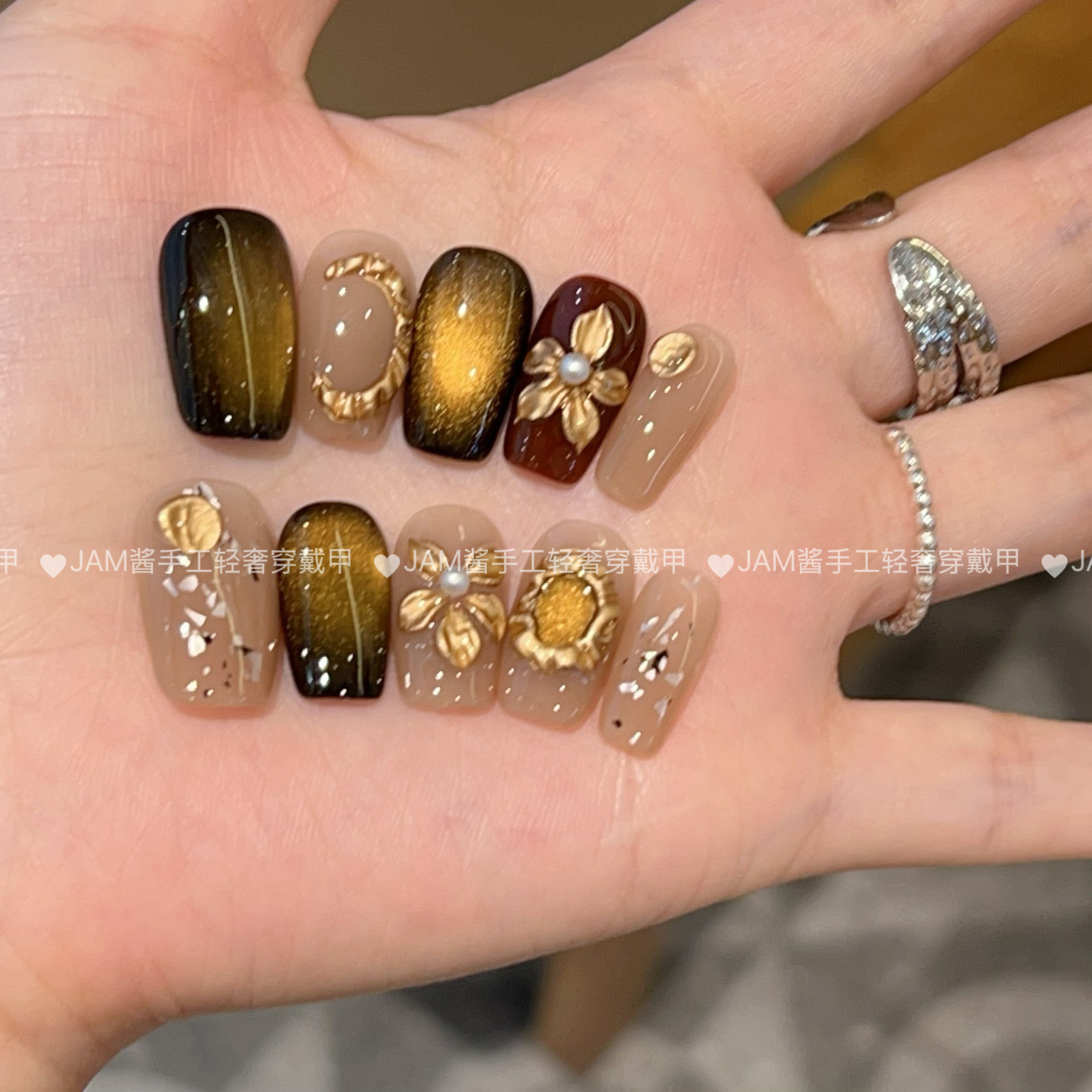 木槿 新款纯手工穿戴甲中长款复古手雕花猫眼穿戴美甲高级感显白