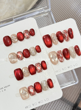 菱格 新款纯手工穿戴甲红色猫眼手绘菱格穿戴新年美甲显白高级感