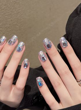 【海盐冰块】纯手工穿戴甲短款高级感穿戴式成品美甲贴蓝色细闪钻