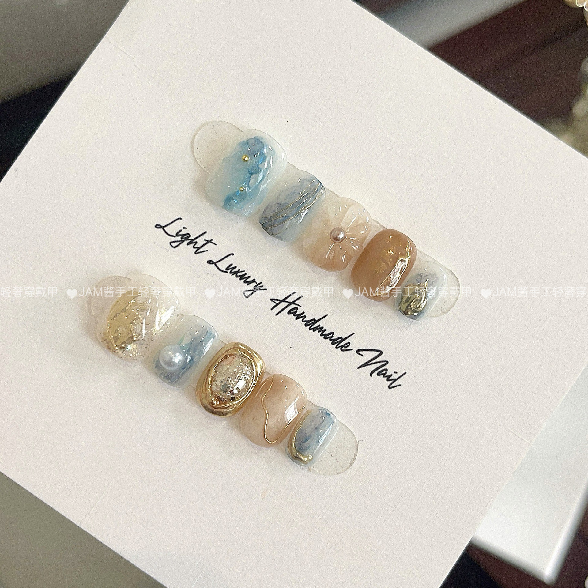 冰蓝琥珀 新款纯手工穿戴甲短款水滴花晕染美甲贴片高级感显白,彩妆/香水/美妆工具,穿戴甲/甲片,淘宝优惠券,粉丝福利购,淘宝优惠卷