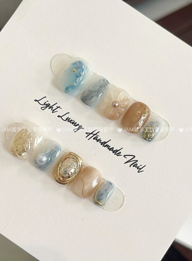 冰蓝琥珀 新款纯手工穿戴甲短款水滴花晕染美甲贴片高级感显白