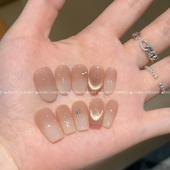 纯手工穿戴甲中长款 茶町 新款 纯欲裸色猫眼渐变穿戴美甲片高级感