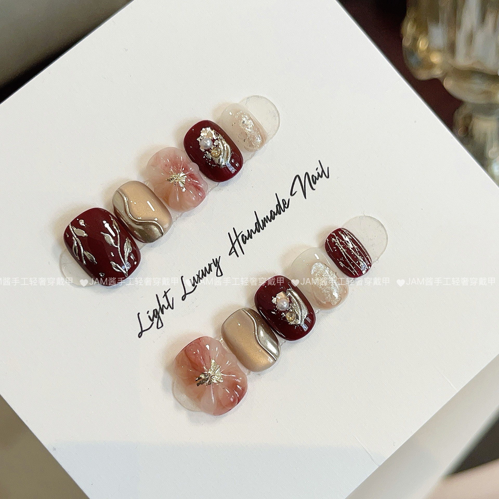 红莓奶冻 新款纯手工穿戴甲短款红色猫眼水滴花美甲贴高级感显白,彩妆/香水/美妆工具,穿戴甲/甲片,淘宝优惠券,粉丝福利购,淘宝优惠卷