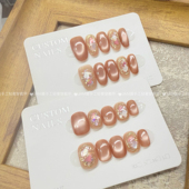 纯手工穿戴甲短款 乌龙茶 新款 猫眼贝壳亮片穿戴美甲贴高级感显白