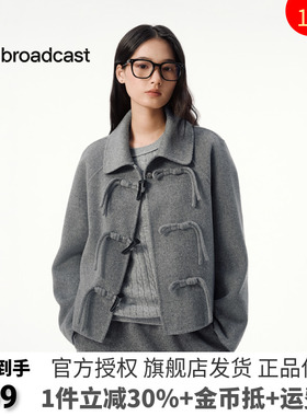 播翻领牛角扣短款灰色毛呢外套女25秋冬新款宽松上衣DDS4AD5284