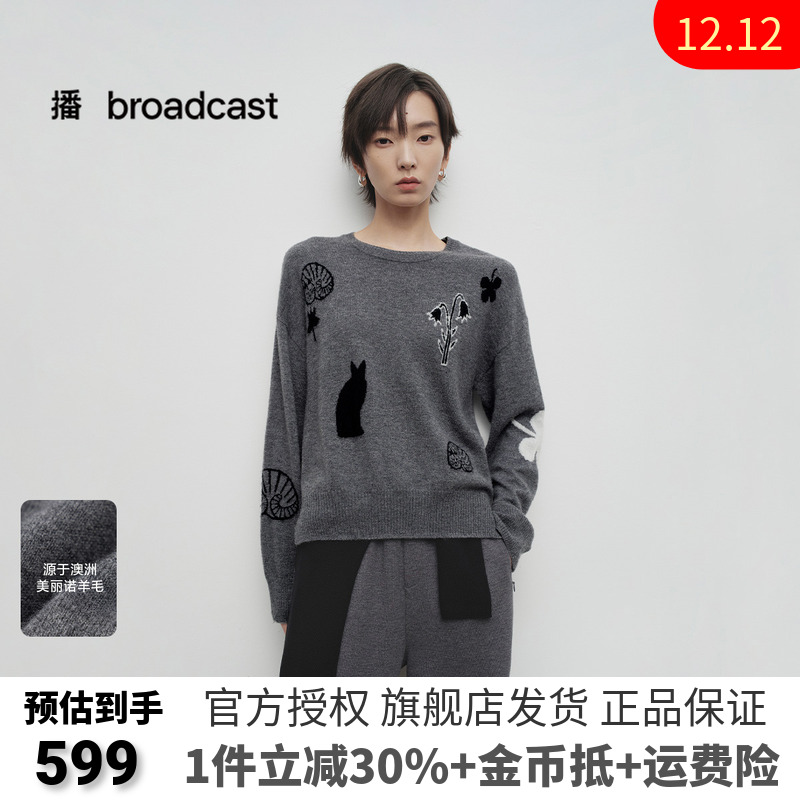 【100%羊毛】播商场同款淡人灰色毛衣女25春圆领针织衫BDS1SD1093