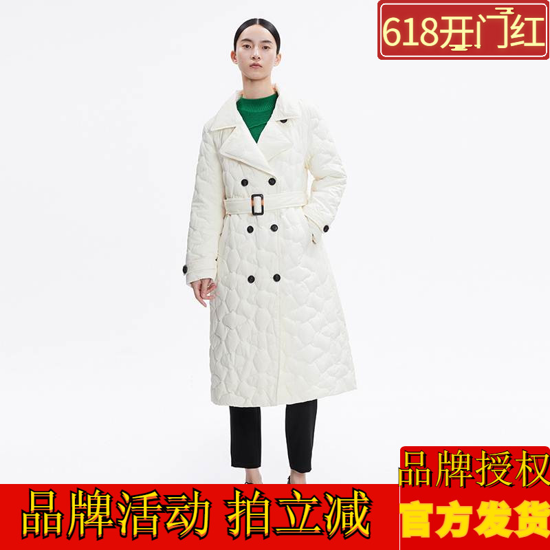 播收腰翻领羽绒服女中长款修身有腰带鸭绒外套DDP4RD4958半年没见