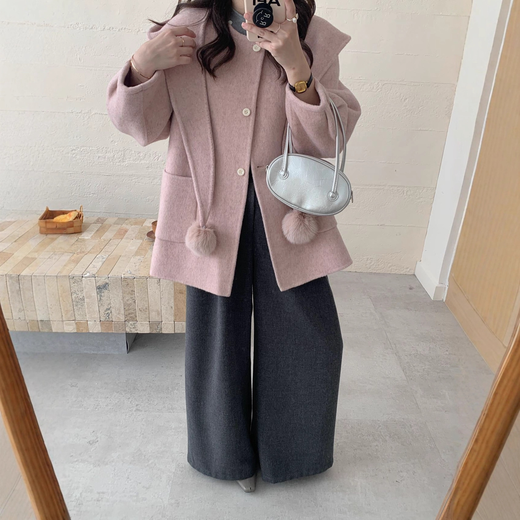 2025秋冬新款双面羊毛大衣女中长款韩版围巾带帽狐狸毛球毛呢外套