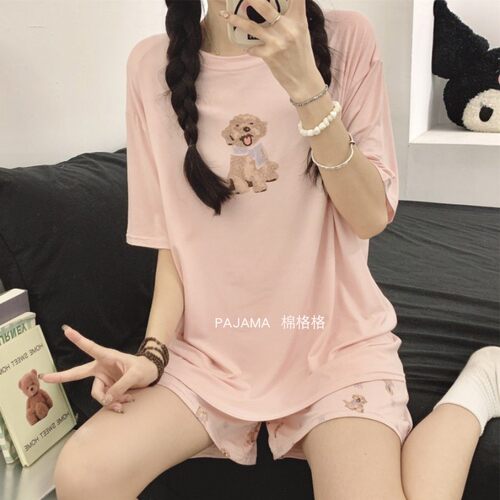夏季短袖短裤莫代尔睡衣少女带胸垫薄款可爱卡通可外穿家居服套装