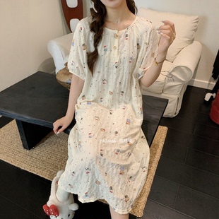 睡裙女夏季短袖薄款甜美可爱卡通少女中长裙可外穿家居服睡衣套装