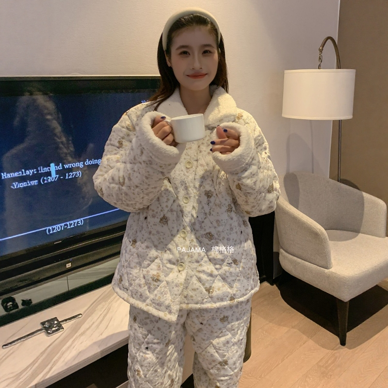 冬天加厚加绒保暖棉袄睡衣女三层夹棉休闲碎花家居服套装可外穿