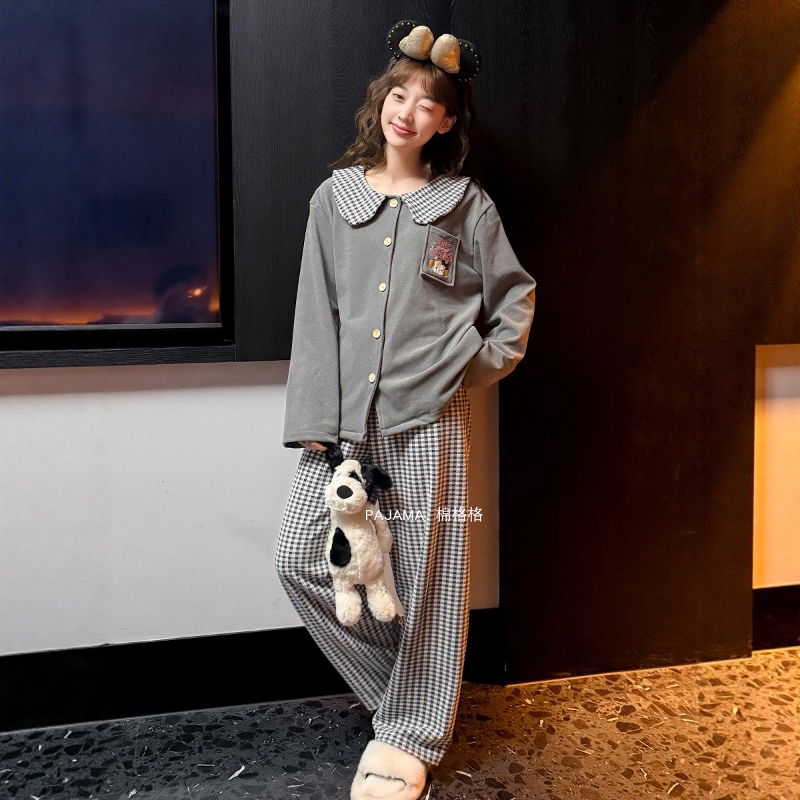 春秋冬季睡衣女长袖保暖德绒可爱格子HelloKitty可外穿家居服套装