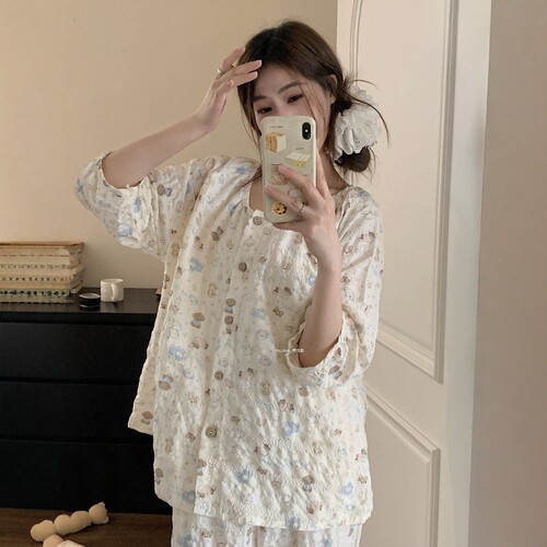 睡衣女夏季短袖五分袖长裤薄款开衫甜美可爱卡通可外穿家居服套装
