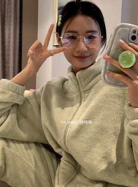 日系风睡衣女秋冬可外穿韩版加厚珊瑚绒甜美休闲加绒法兰绒居家服