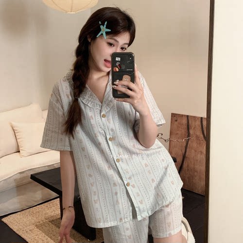睡衣女夏季短袖短裤开衫莱赛尔棉薄款甜美少女家居服套装可外穿