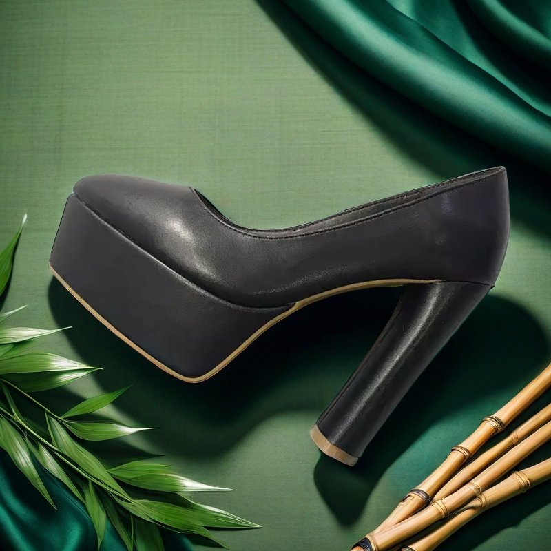 12CM防水台粗跟高跟鞋黑色水钻真皮单鞋厚底尖头小码名媛气质职业