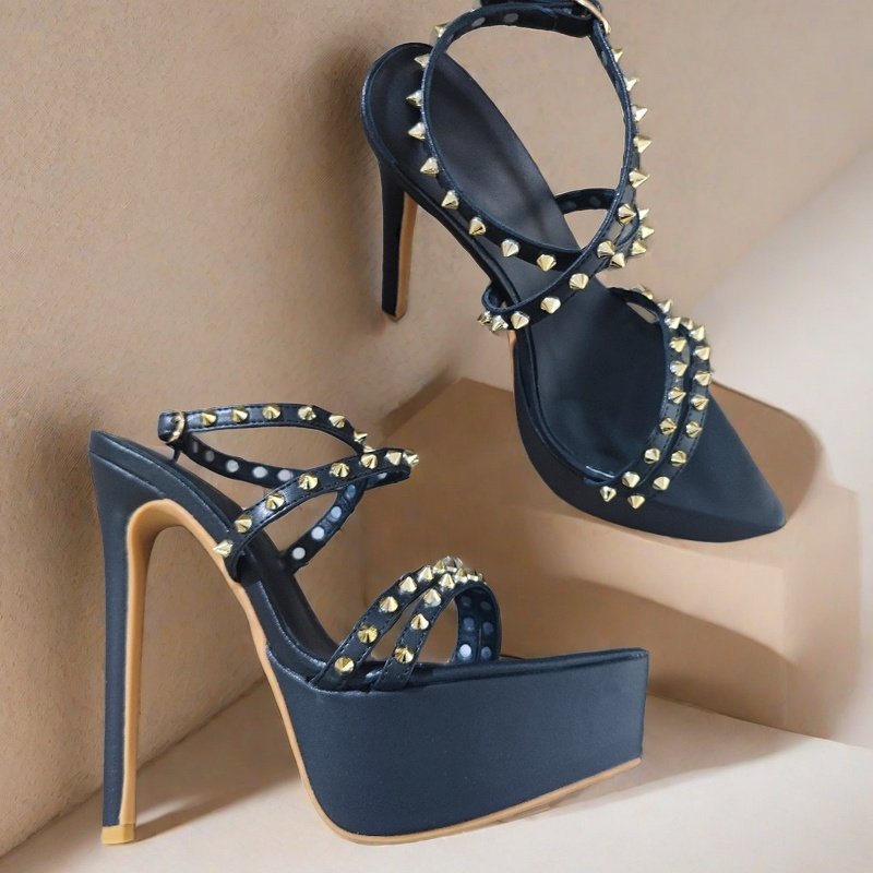 15CM尖头铆钉黑色防水台凉鞋罗马高跟鞋摇滚风细跟高级感春夏2025