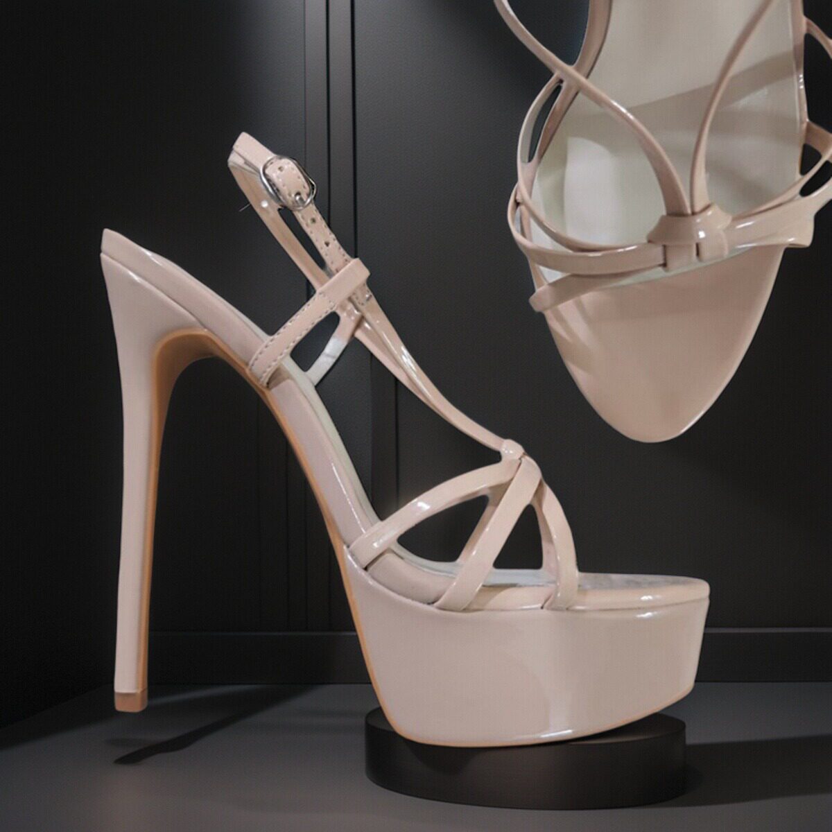 10厘米中粗跟交叉带绑带性感凉鞋2025春季女酒红色漆皮14CM裸色