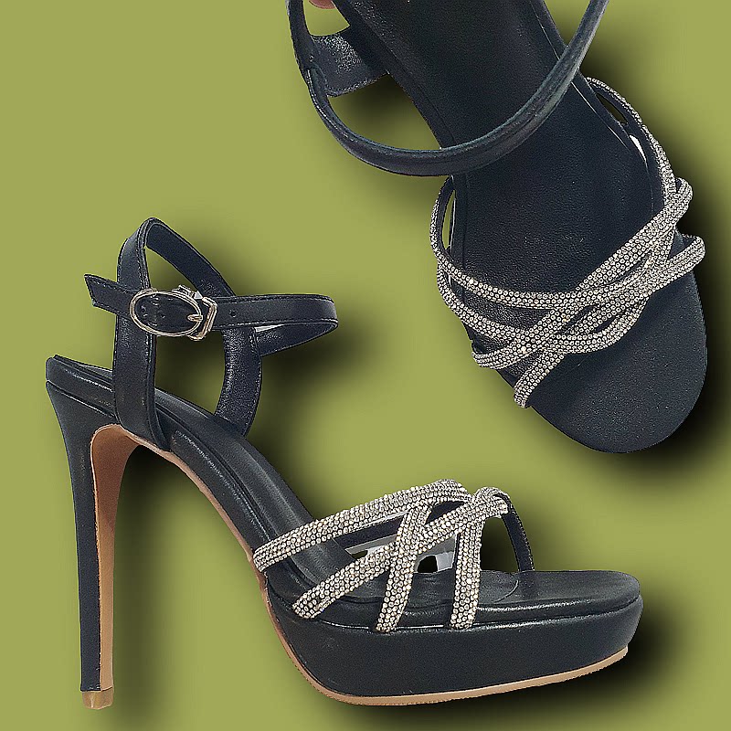 12CM高跟防水台黑色水钻凉鞋细跟模特走秀时装鞋晚宴礼服露趾2025