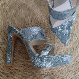 13CM粗跟蛇纹尖头拖鞋凉拖灰色优雅气质高跟演出舞台车展年会走秀