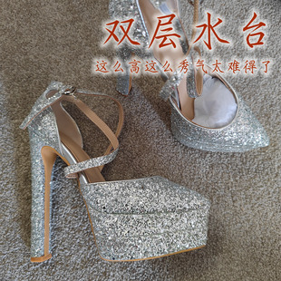 16CM粗跟银色亮片凉鞋33码旗袍礼服晚装走秀高跟鞋2025年会小码