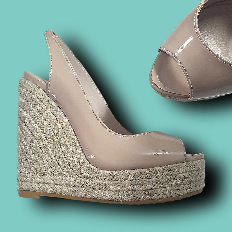 鱼嘴裸色坡跟凉鞋草编罗马高跟时装夏季波西米亚厚底露趾2025时尚