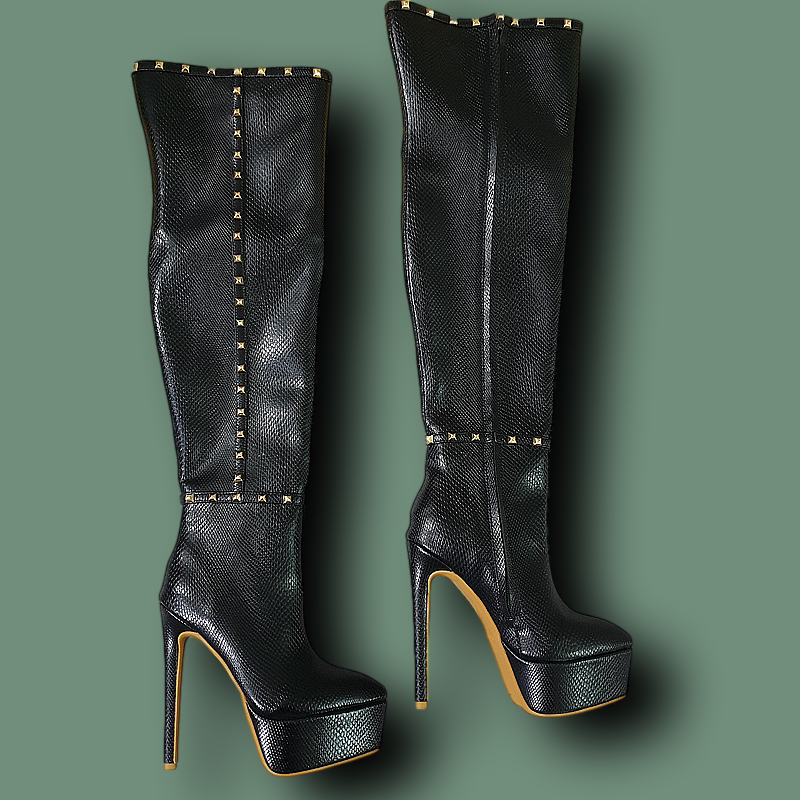 15CM细跟超长靴真皮过膝高筒尖头防水台黑色蛇纹走秀铆钉时装性感