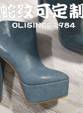 15CM 黑色蛇纹短靴超高跟模特走秀高跟鞋夜场明星同款女2025新款