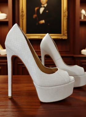 14cm白色鱼嘴单鞋真蛇皮防水台法式新娘红色手工定制