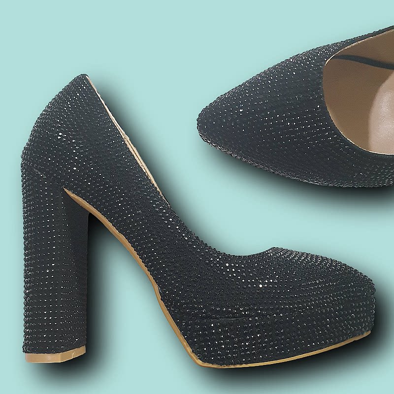 13CM黑色水钻粗跟单鞋尖头超高跟鞋防水台模特走秀时装鞋不累脚