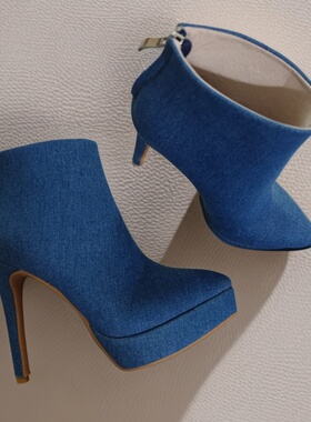 12CM高跟短靴蓝色牛仔布时装小众个性冬季靴子尖头厚底年会走秀女