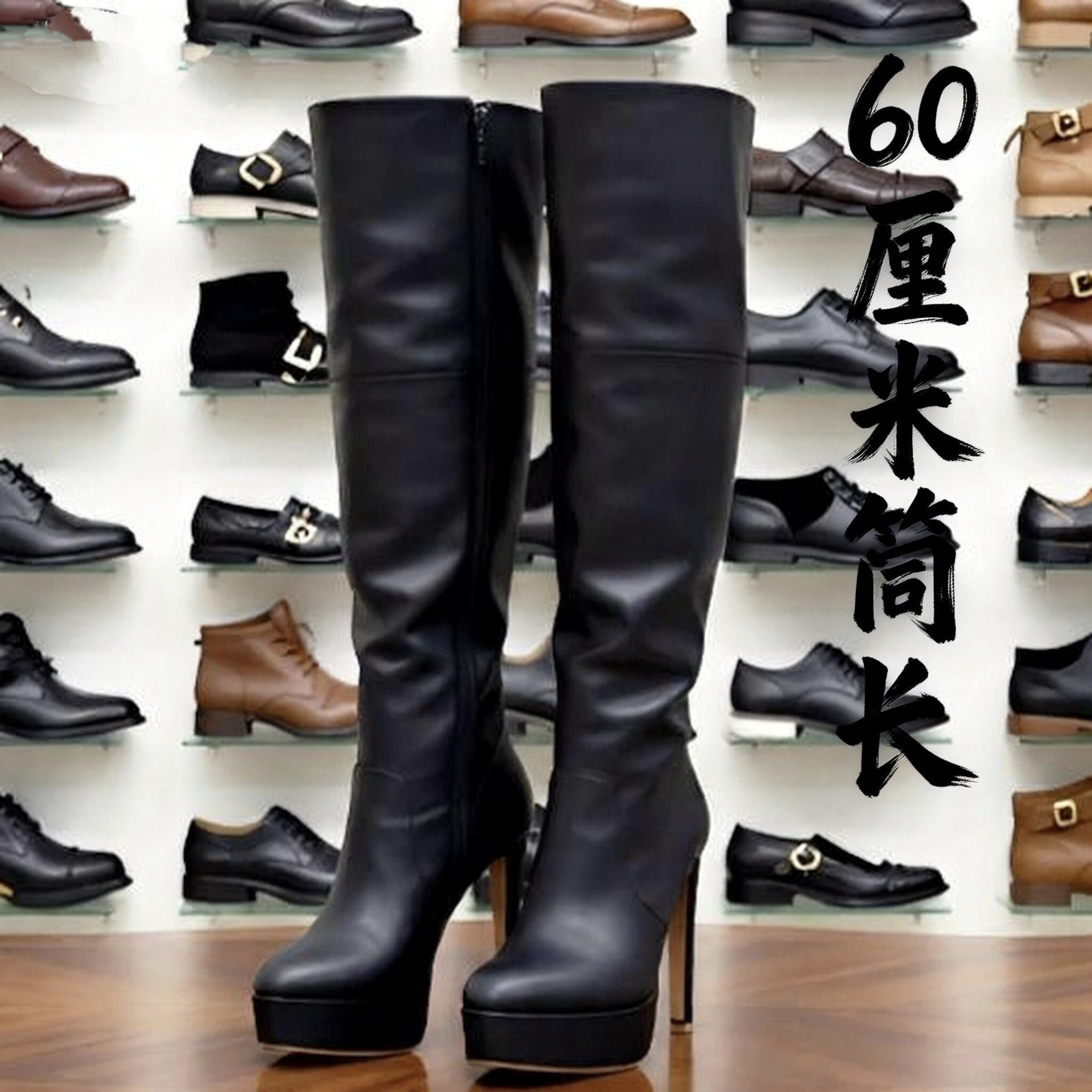 15cm细跟超长靴真皮过膝尖头防水台黑色走秀牛皮秋冬60厘米高筒