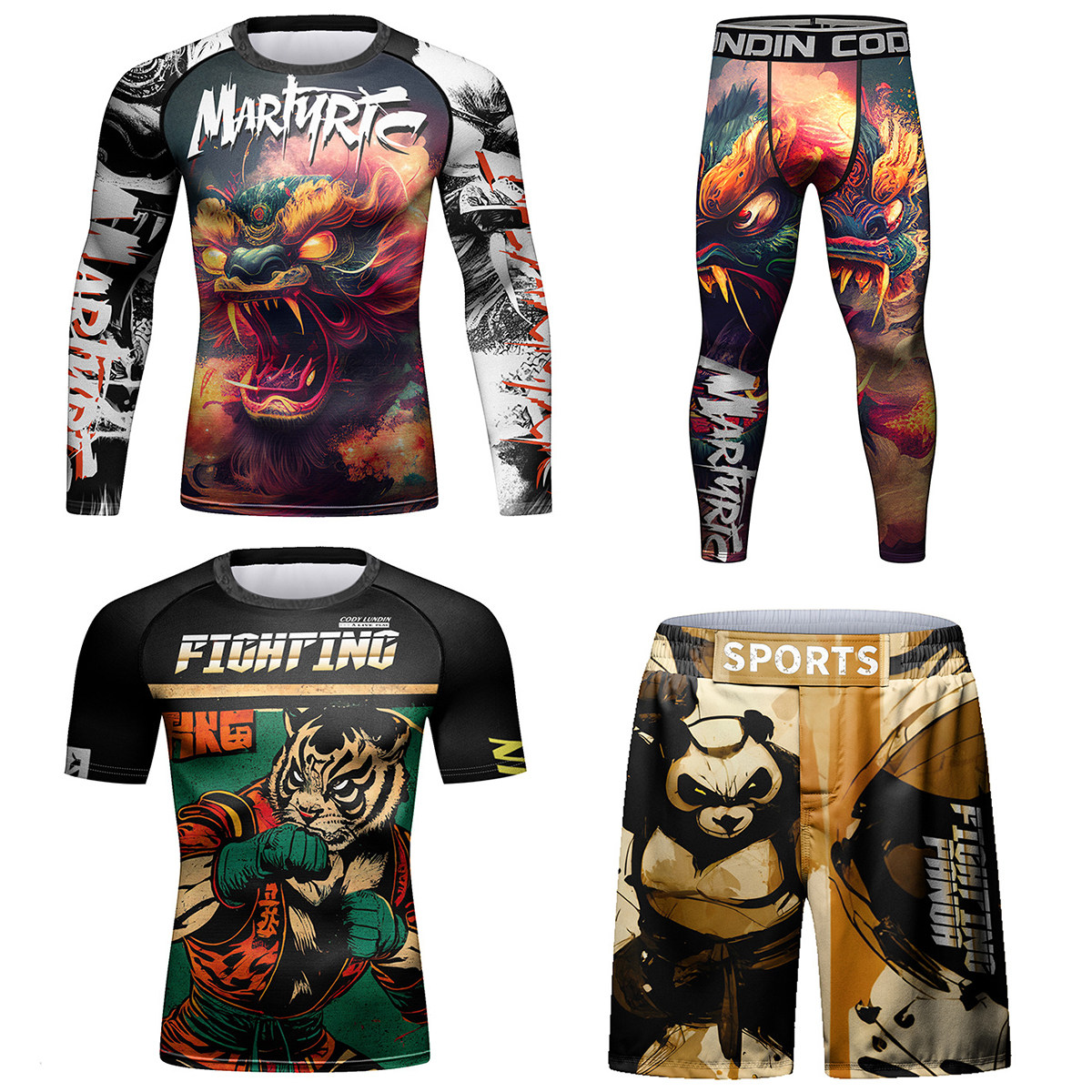 男运动T恤长袖短袖搏击短裤长裤健身套装训练弹力紧身衣熊猫老虎