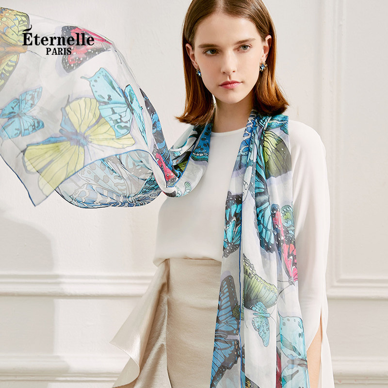 法国永恒蝴蝶魂100%桑蚕丝围巾女百搭真丝披肩多功能丝巾防晒围脖