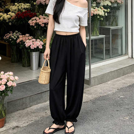 黑色棉绸裤子女夏季薄款花苞灯笼裤带口袋宽松大码显瘦外穿休闲裤