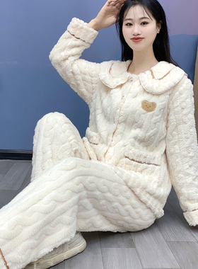 冬季睡衣女加厚加绒长袖韩版法兰绒珊瑚绒可外穿家居服套装Y91