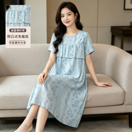 棉绸睡裙女款2026新款夏季防凸点睡衣女短袖连衣裙妈妈外穿家居服