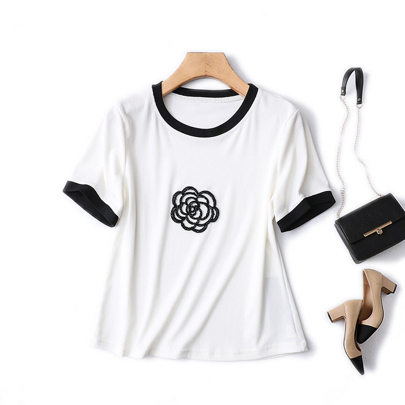 夏装新款时尚大码女装品牌原单精品圆领弹力薄款凉快短袖t恤小衫