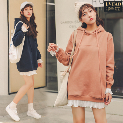秋带帽学院风甜美拼接荷叶边加绒卫衣裙懒惰风卫衣女中长款连衣裙