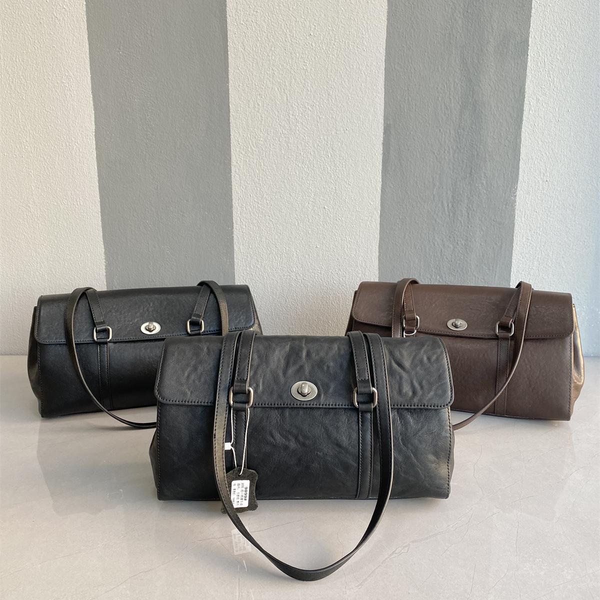 ~捡漏~柜价600+新款进口头层植鞣牛皮原创小众复古风单肩包法棍包