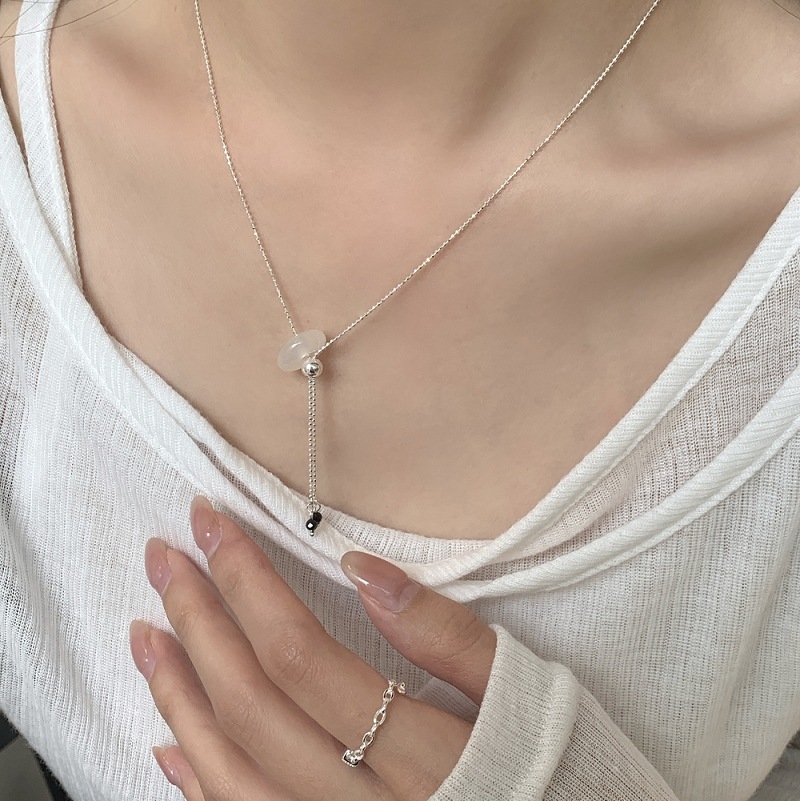 韩版S925纯银复古风格玛瑙平安扣流苏项链女高级感小众个性锁骨