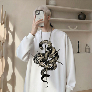 美式潮流高级感蛇印花痞帅长袖T恤男款宽松纯棉上衣打底衫春秋冬