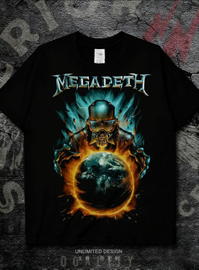 Megadeth摇滚乐队骷髅印花纯棉短袖T恤男宽松重金属摇滚风上衣夏
