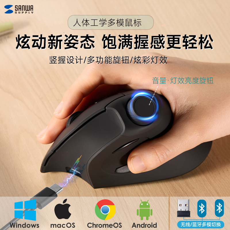 日本SANWA无线鼠标蓝牙双模人体工学充电静音直立电脑通用滑鼠ins