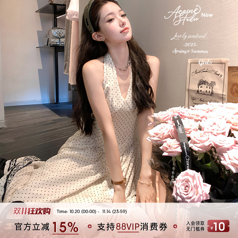 Acaine长款v领波点挂脖吊带连衣裙女夏季法式复古气质提花裙子