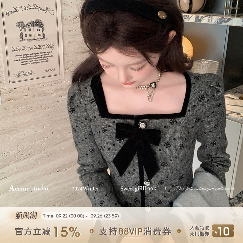 Acaine植绒蝴蝶结西装丝绒裙套装
