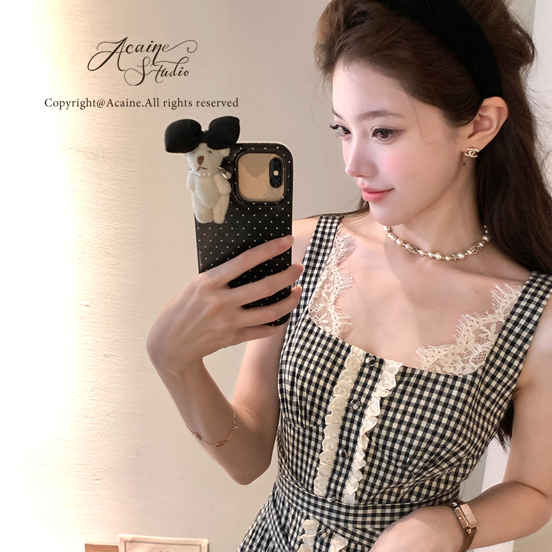 Acaine【7/18 20:00 95折款】圣诺蕾少女 法式复古格纹系带连衣裙