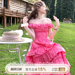 Acaine树莓朵朵 气质裙子 粉色长款 方领显白收腰蛋糕连衣裙女夏季