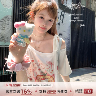 体恤韩系宽松显瘦ins风上衣 半袖 Acaine白色印花斜肩短袖 t恤女夏季